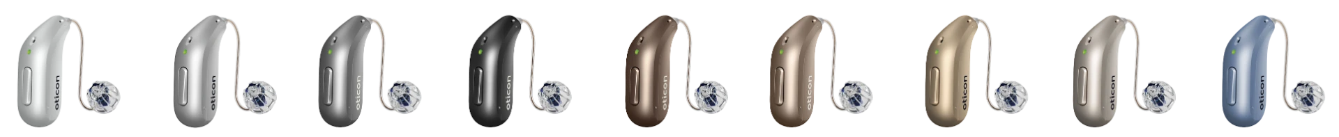 Farveskala med Oticon høreapparater i ni forskellige farver