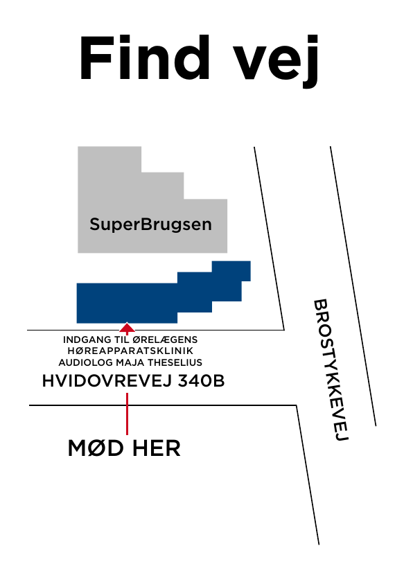Kort der viser indgangen til Ørelægens Høreapparatsklinik ved siden af SuperBrugsen på Hvidovrevej 340 B i Hvidovre