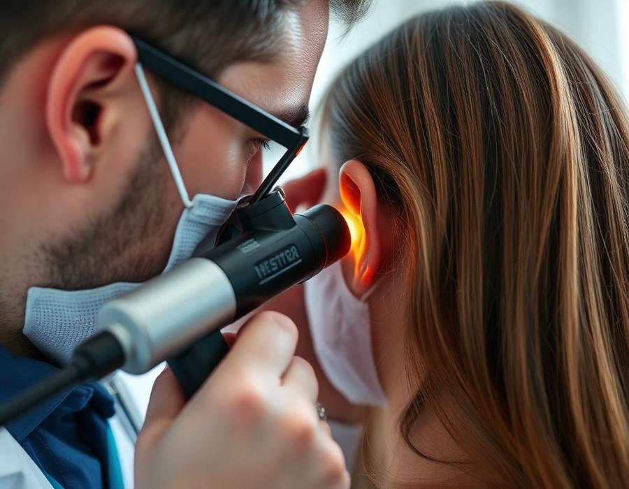 Speciallæge undersøger en patients øre med otoskop